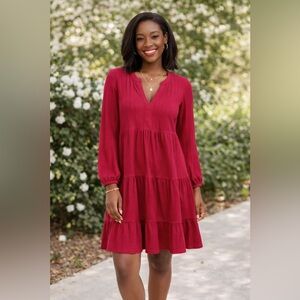 NWT RNStudio Red Berry Dress Sz L Ruffled V Neck Long Sleeve Baby Doll Flowy